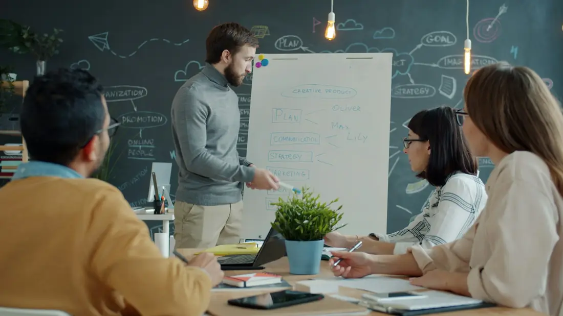 Equipe organizando processos em um quadro branco
